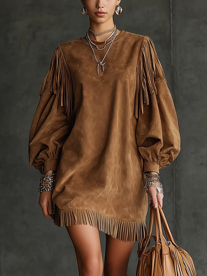 Women's western-inspired mini dress with puff sleeves & elegant fringe. Perfect for autumn parties & casual wear.