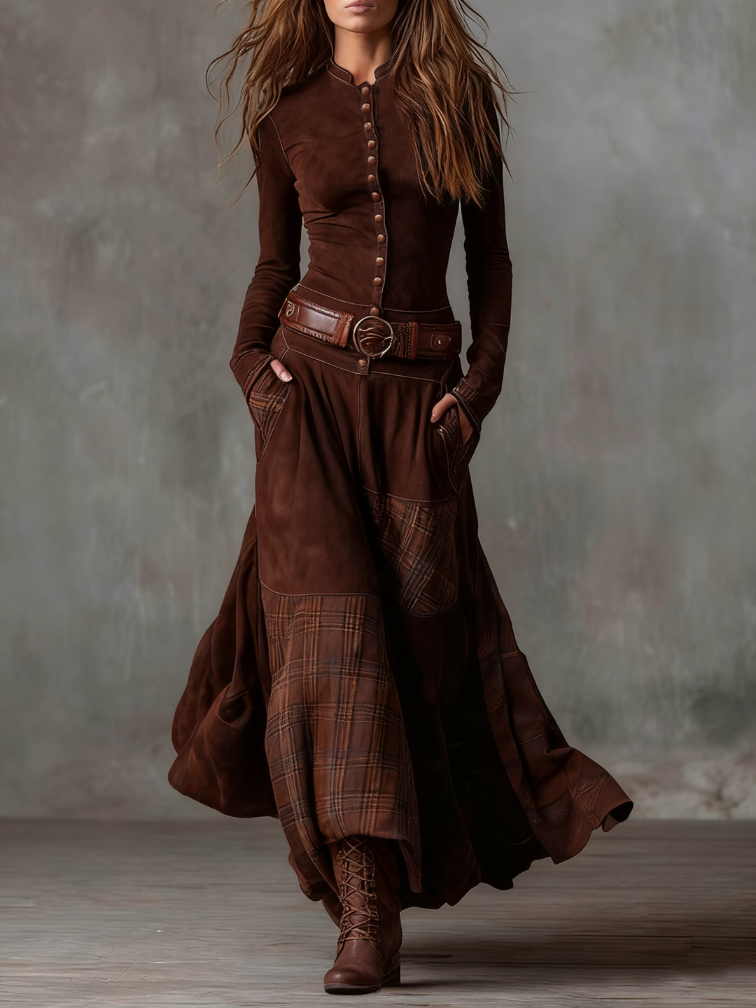 Stylish women's long sleeve midi dress, belted and sophisticated for any elegant occasion.