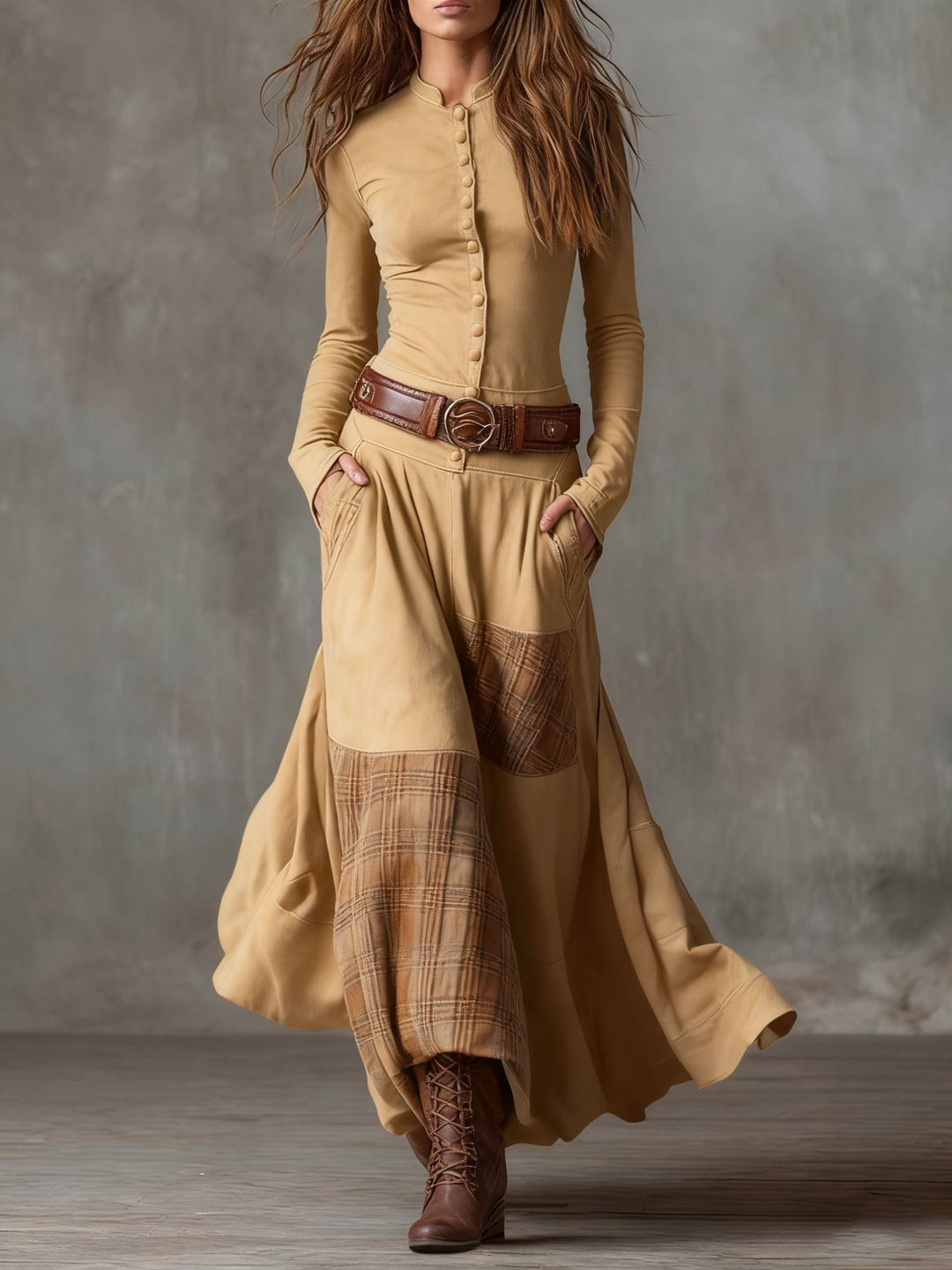 Elegant women's midi dress with belt, a flattering and versatile fall fashion statement.
