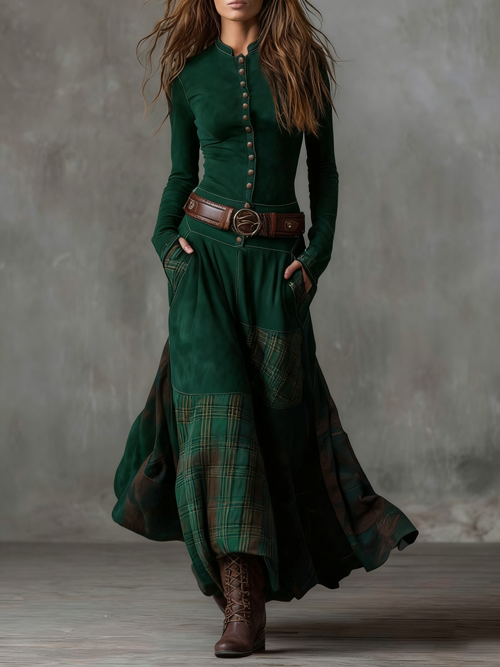 Women's flattering plaid midi dress, elegant and comfortable, perfect for fall casual or office.
