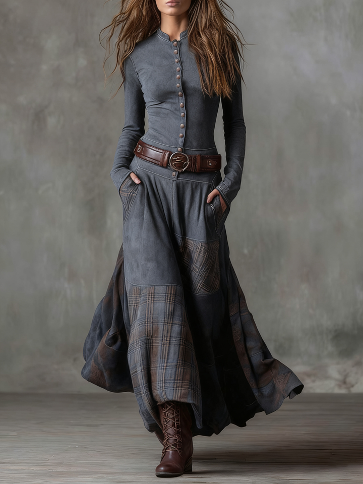 Sophisticated women's belted midi dress, a chic long sleeve option for elegant office wear.