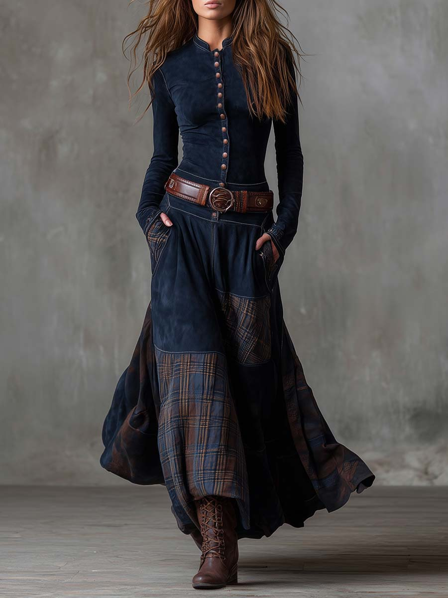 Elegant women's belted midi dress, sophisticated for office wear or casual outings, long sleeve style.