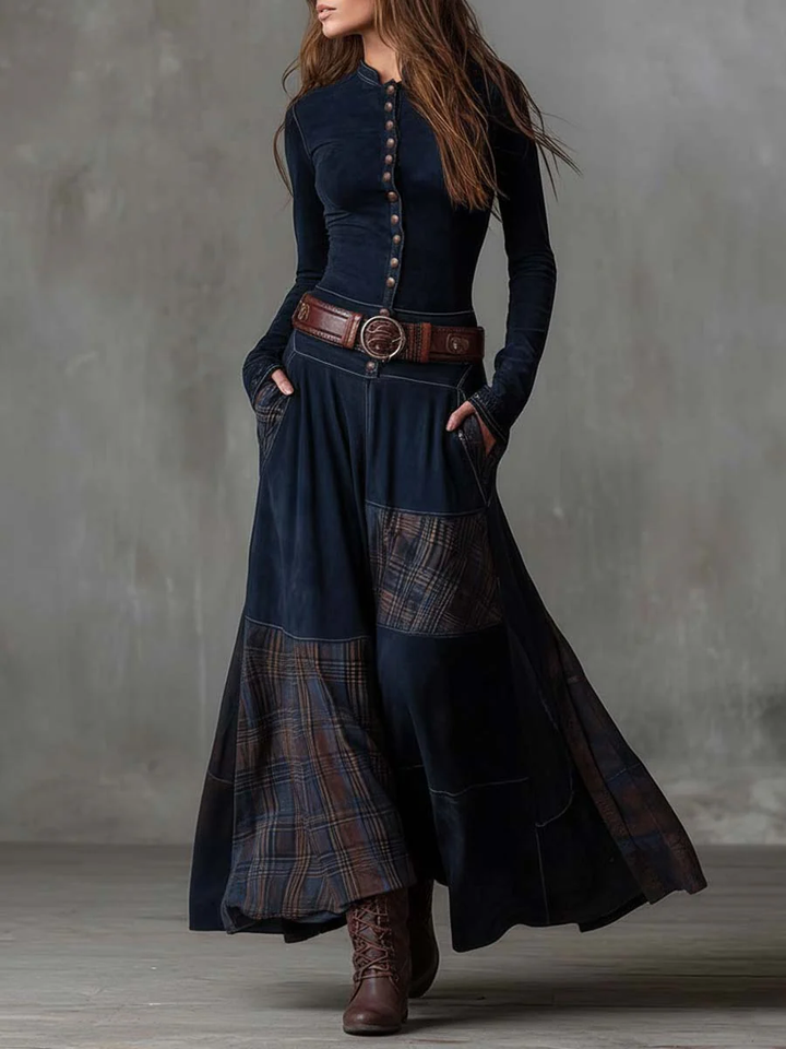 Versatile women's elegant plaid midi dress, belted, suitable for office wear & casual sophistication.