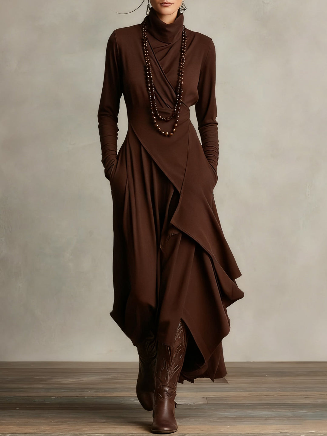 Stylish women's high neck maxi dress, flowing fabric in various colors, versatile for elegant day or evening wear.