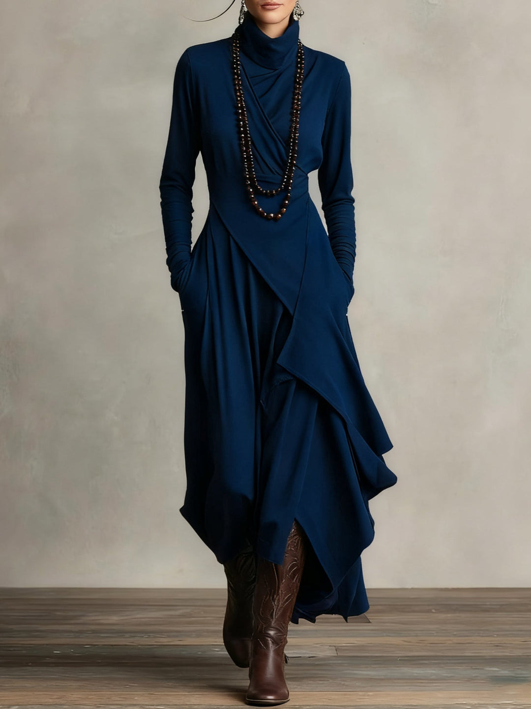 Luxurious purple flowing maxi dress with high neck, elegant women's fashion, perfect for versatile evening wear.