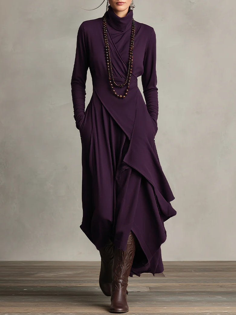 Elegant purple high neck maxi dress for women, flowing & versatile, perfect for evening wear or formal occasions.