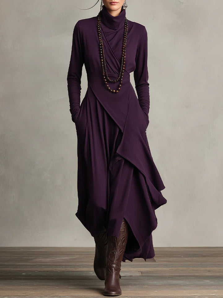 Elegant purple high neck maxi dress for women, flowing & versatile, perfect for evening wear or formal occasions.