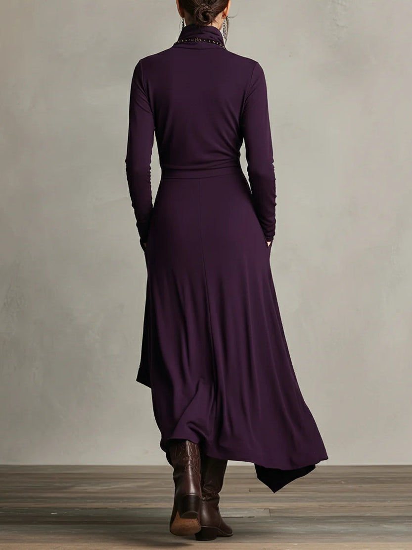 Flowing black high neck maxi dress for women, elegant & versatile fashion, suitable for day dress or evening wear.