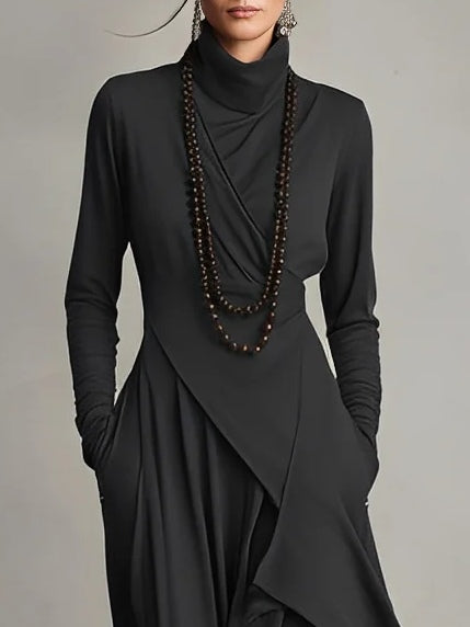 Comfortable green high neck maxi dress for women, elegant flowing style, versatile for formal or day wear.