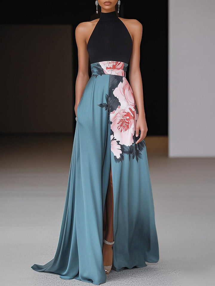 Women's chic floral A-line maxi dress with crew neck and stylish slit, perfect for special occasions.