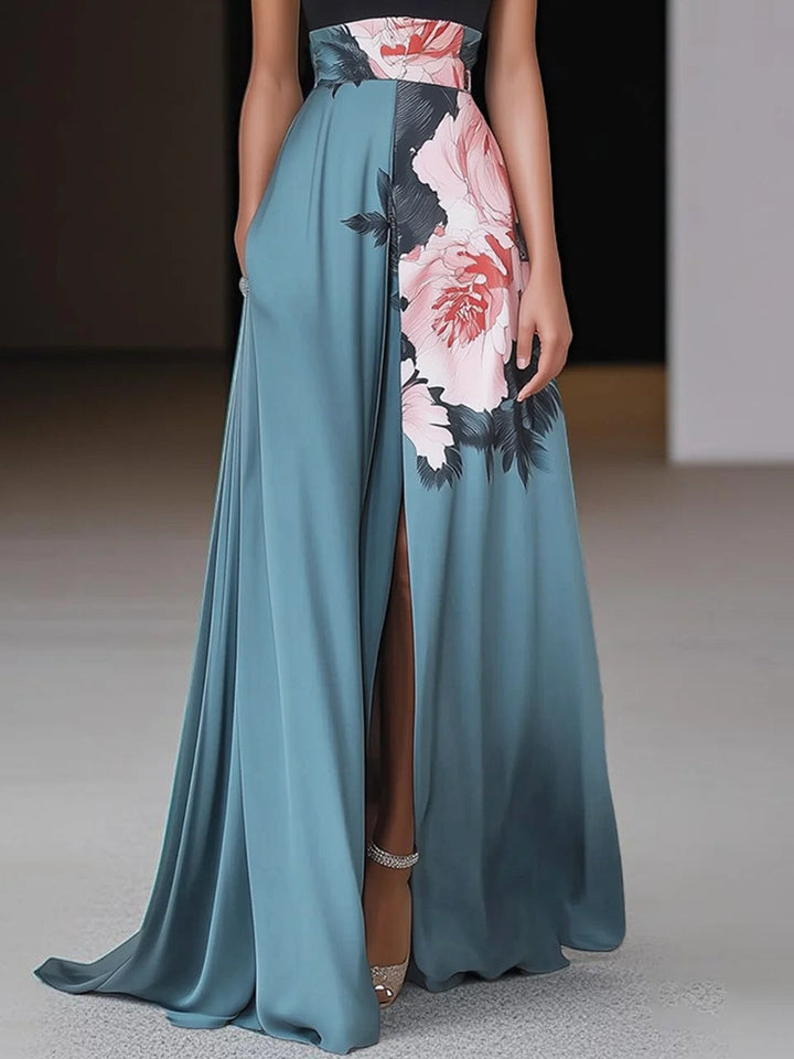 Stunning women's floral A-line sleeveless maxi dress featuring a crew neck and a fashionable side slit.