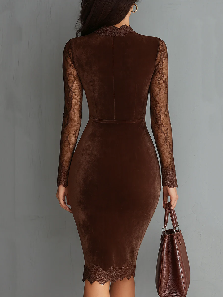 Stylish fitted brown mini dress, women's formal wear with sophisticated sheer long sleeves for winter.