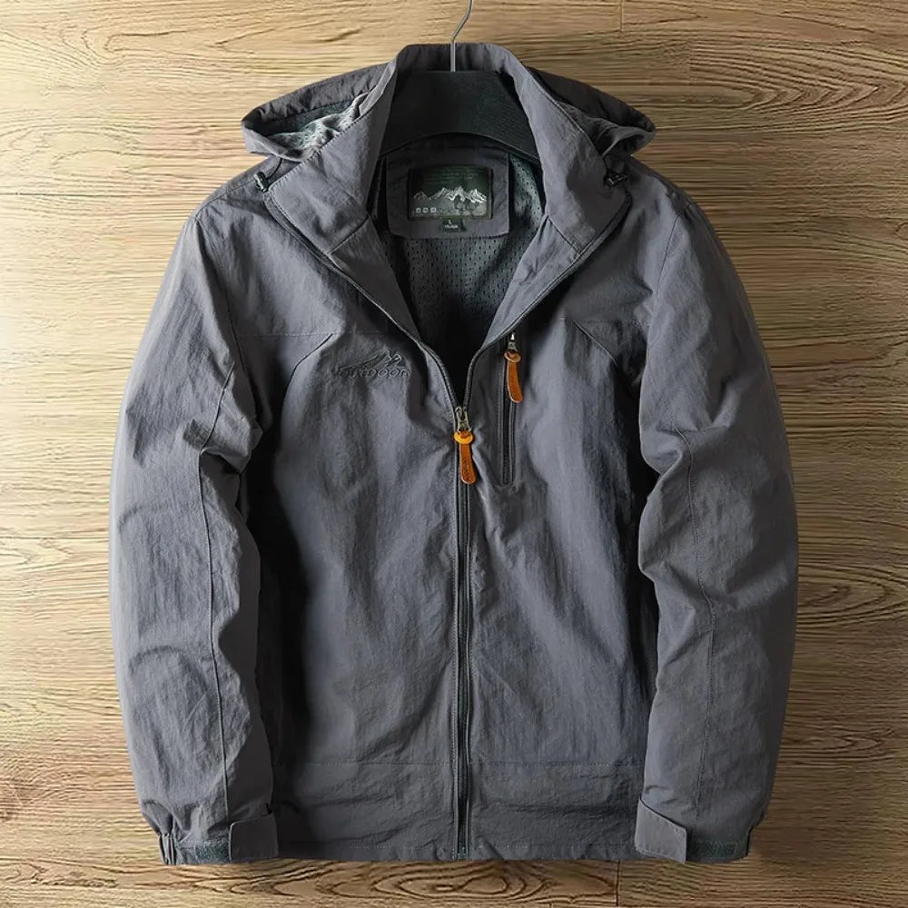 Stylish men's full zip hooded rain jacket. Lightweight, waterproof, and breathable for all weather.