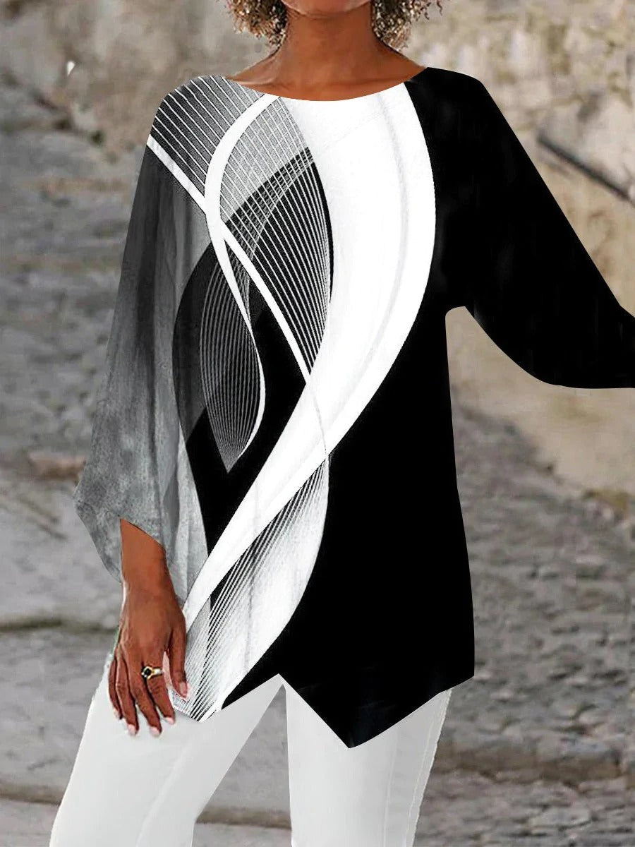 Women's modern geometric long sleeve tunic, an elegant patterned top perfect for versatile casual chic style.