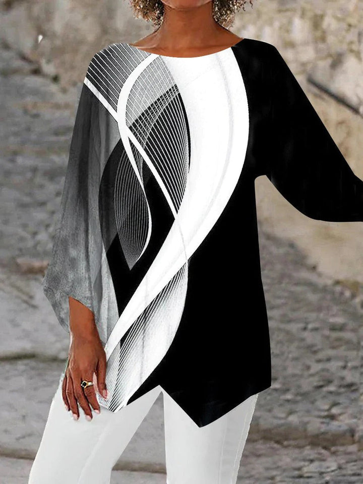 Women's modern geometric long sleeve tunic, an elegant patterned top perfect for versatile casual chic style.