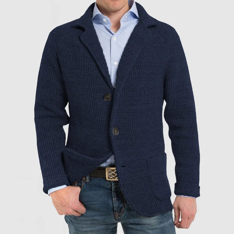 Stylish men's tailored two-button blazer with classic notch lapel, ideal for smart casual outfits.