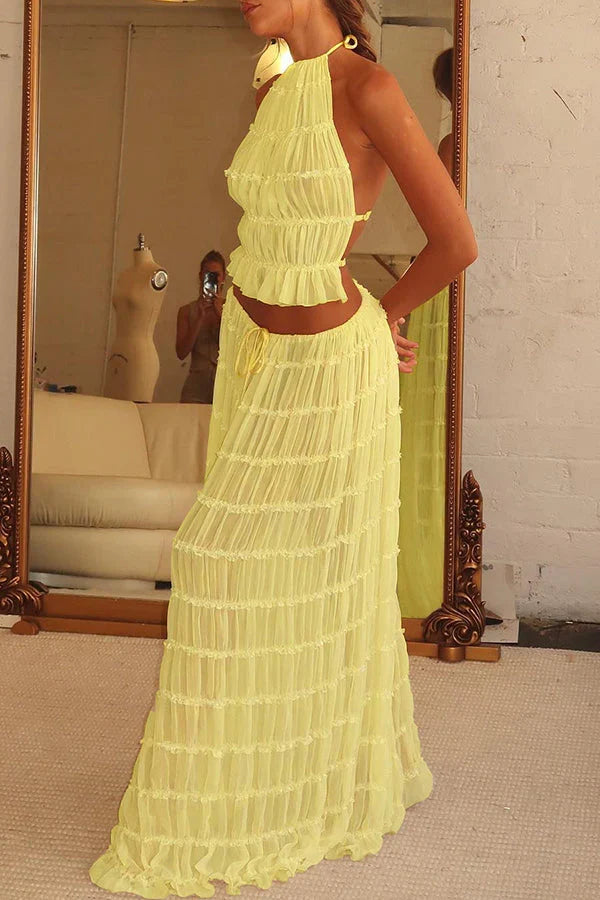 Elegant women's flowy boho two-piece summer set, perfect for resort, beach, and holiday casual wear.