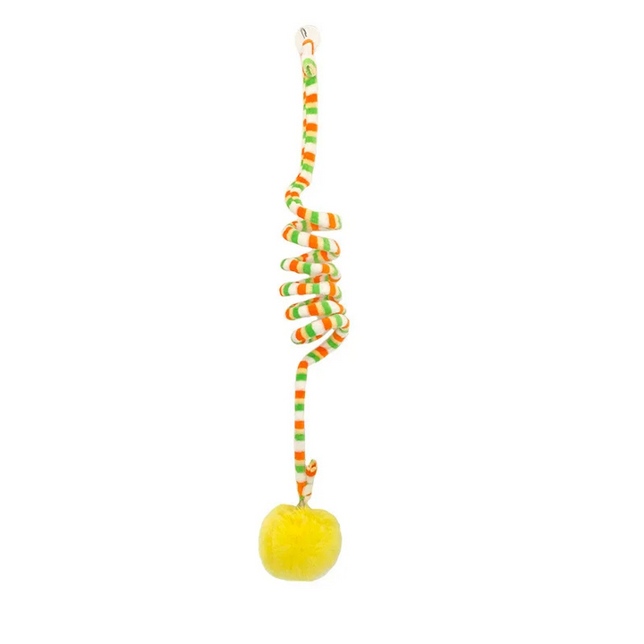 Colorful interactive spiral cat toy, hanging for active feline play & pet enrichment.