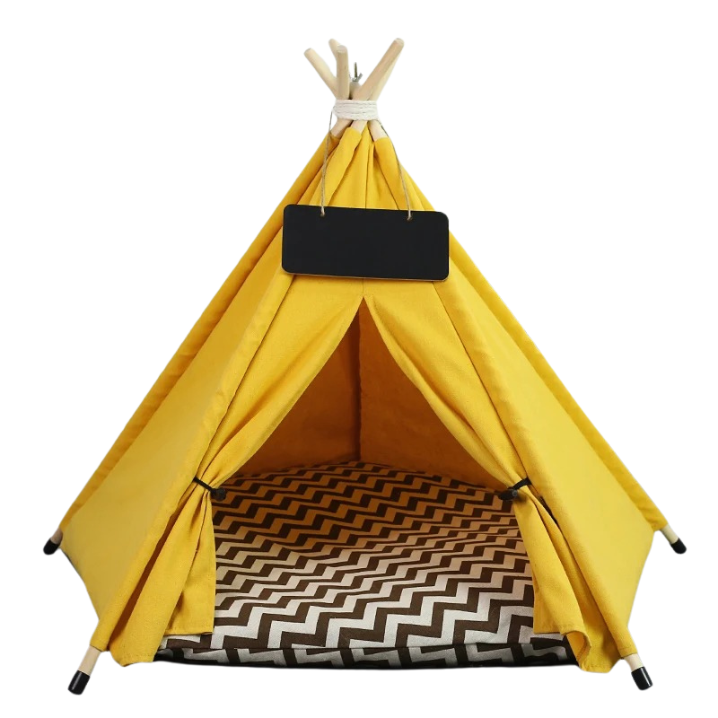 Washable canvas pet teepee play tent, an inviting pet house for cats & small dogs to rest and play.