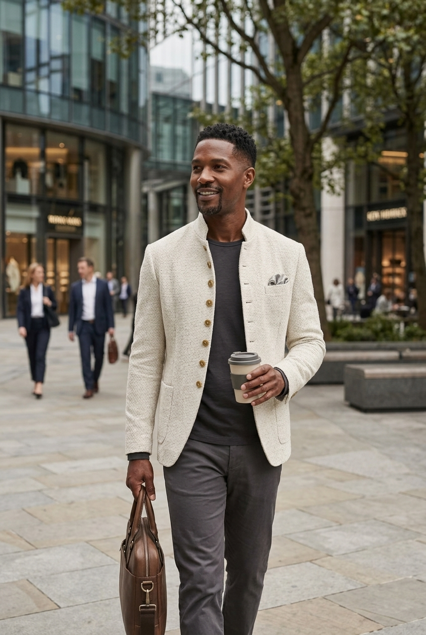 Modern men's mandarin collar blazer with structured fit, ideal for stylish outerwear and events.