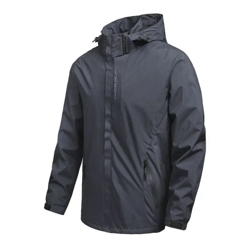 Reflective men's hooded rain jacket for enhanced visibility & weather protection, lightweight design.