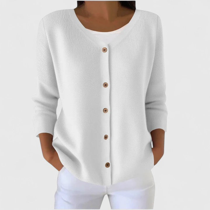 Front view: Women's elegant hooded button-down cardigan, long sleeve casual knitwear.