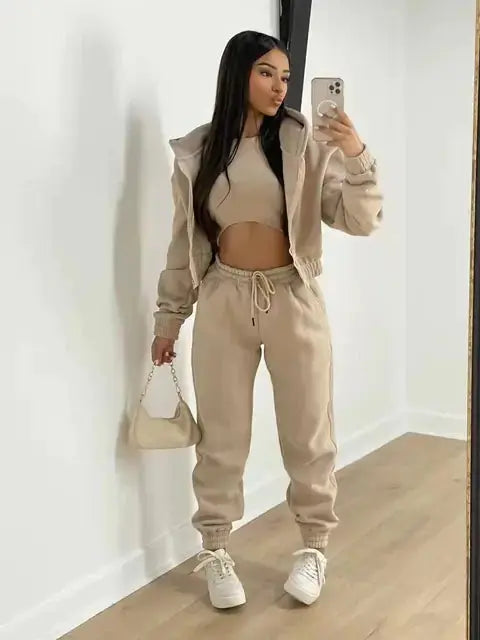 Women's 3-piece lounge set: cropped hoodie, jogger pants, and a comfortable bralette.
