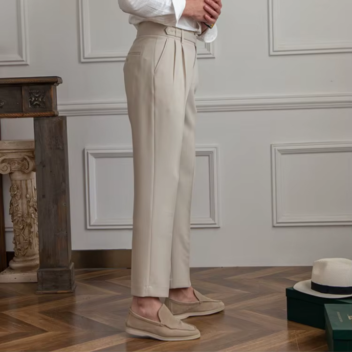 Tailored black high-waist chinos; perfect for formal or casual menswear.
