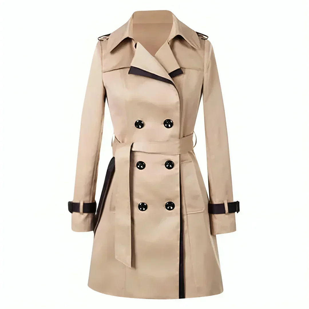 Women's classic double-breasted trench coat with a belted waist, perfect for elegant fall and spring outerwear.