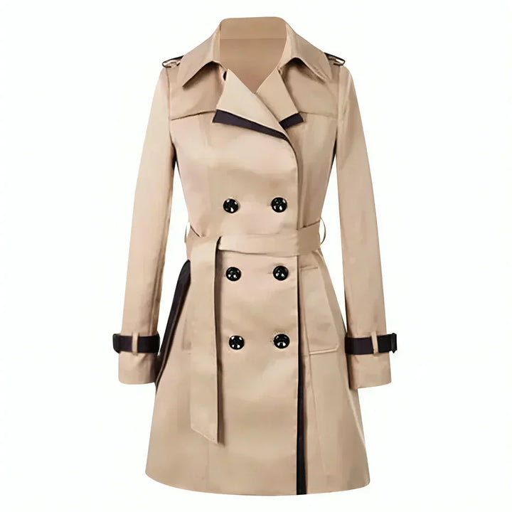 Women's classic double-breasted trench coat with a belted waist, perfect for elegant fall and spring outerwear.