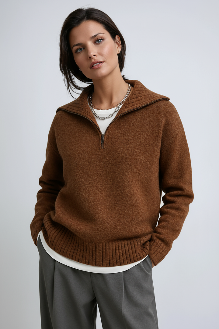 Women's Amara zip-up turtleneck sweater, a chic grey knitted pullover. Elegant and warm winter fashion knitwear.