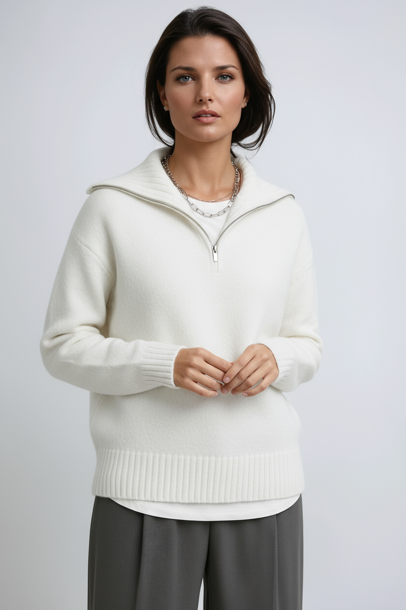 Cozy women's Amara knitted zip-up turtleneck sweater. Stylish pullover in grey, ideal for winter fashion.