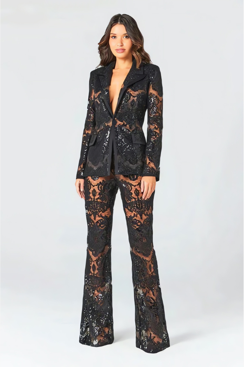 Elegant women's co-ord set: black blazer & flared trousers, perfect for evening wear & special occasions.