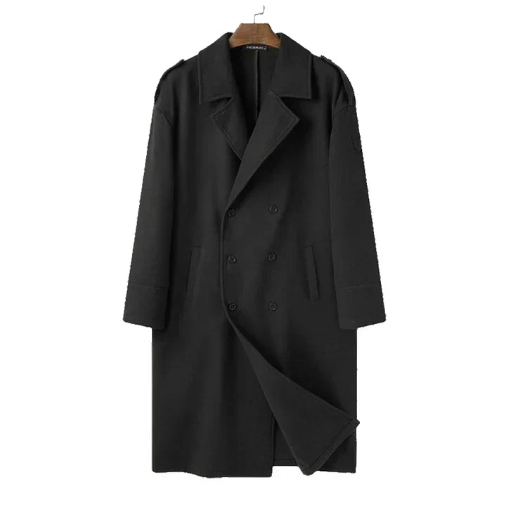 Stylish men's double-breasted long trench coat in an oversized fit, available in gray, black, or brown.