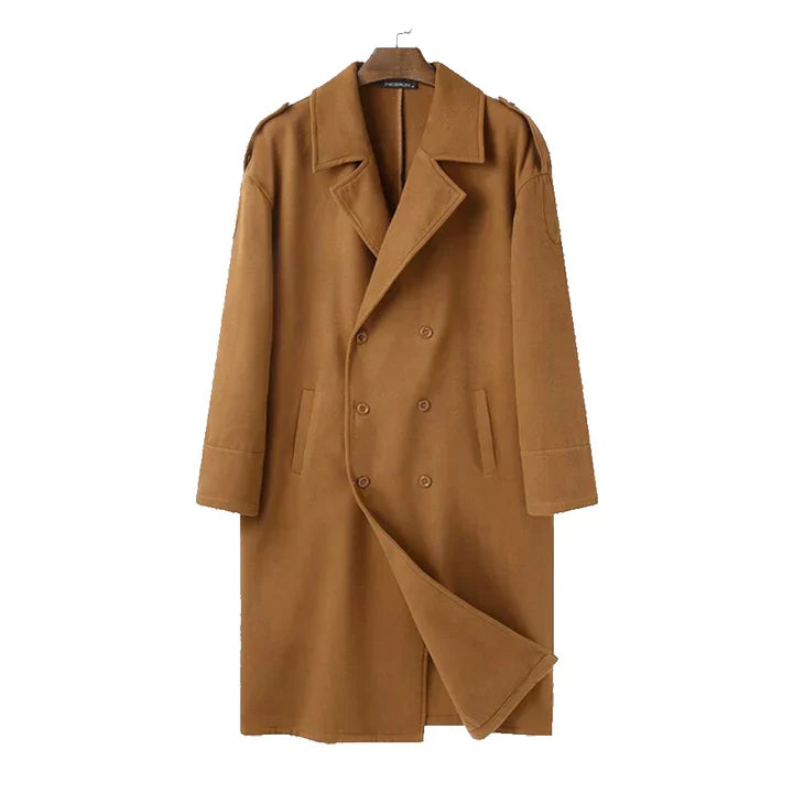 Elegant men's double-breasted long jacket, a classic winter coat in a trench style for refined fashion.