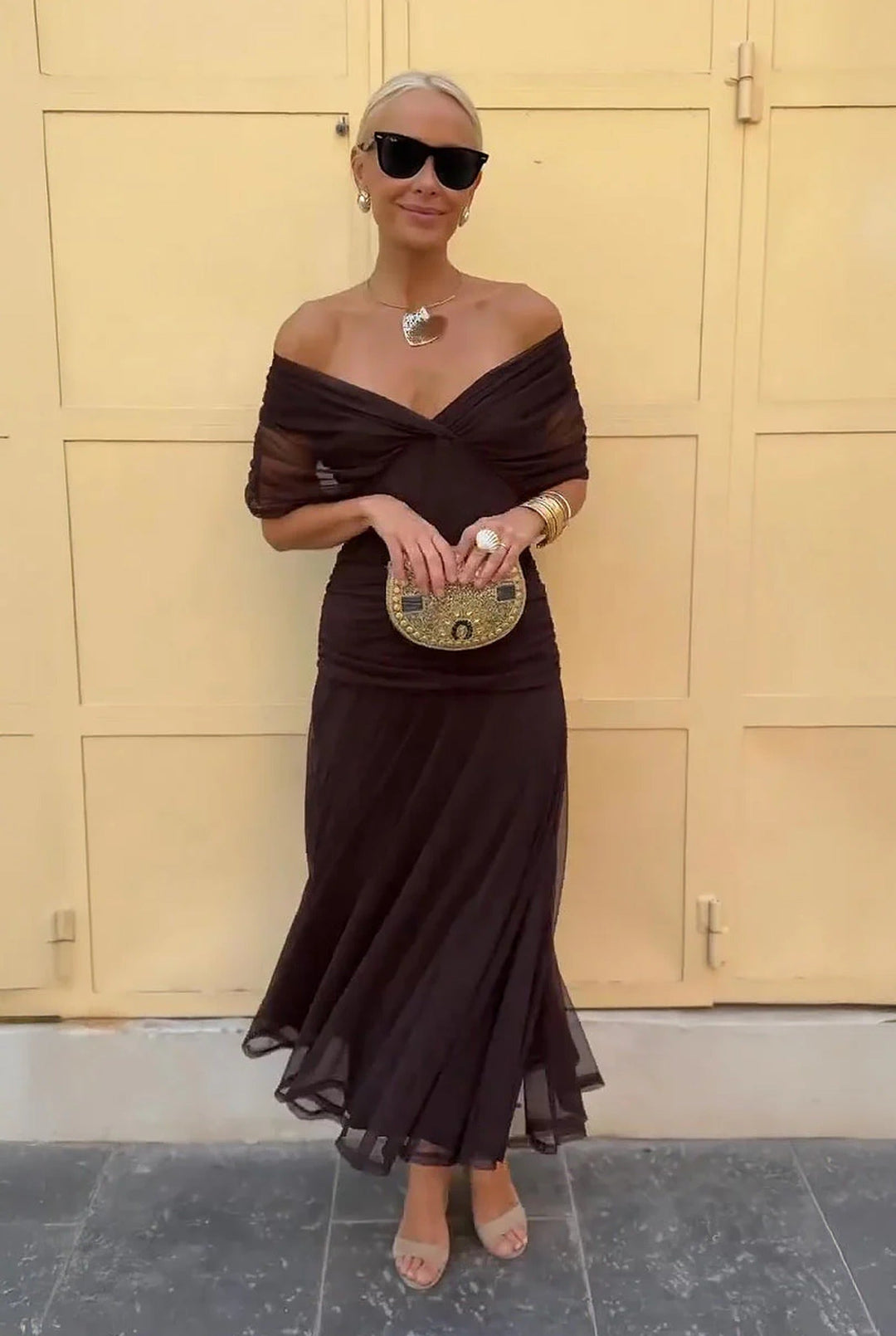 Spring fashion: Women's V-neck wrap maxi dress with elegant sheer sleeves for formal events.