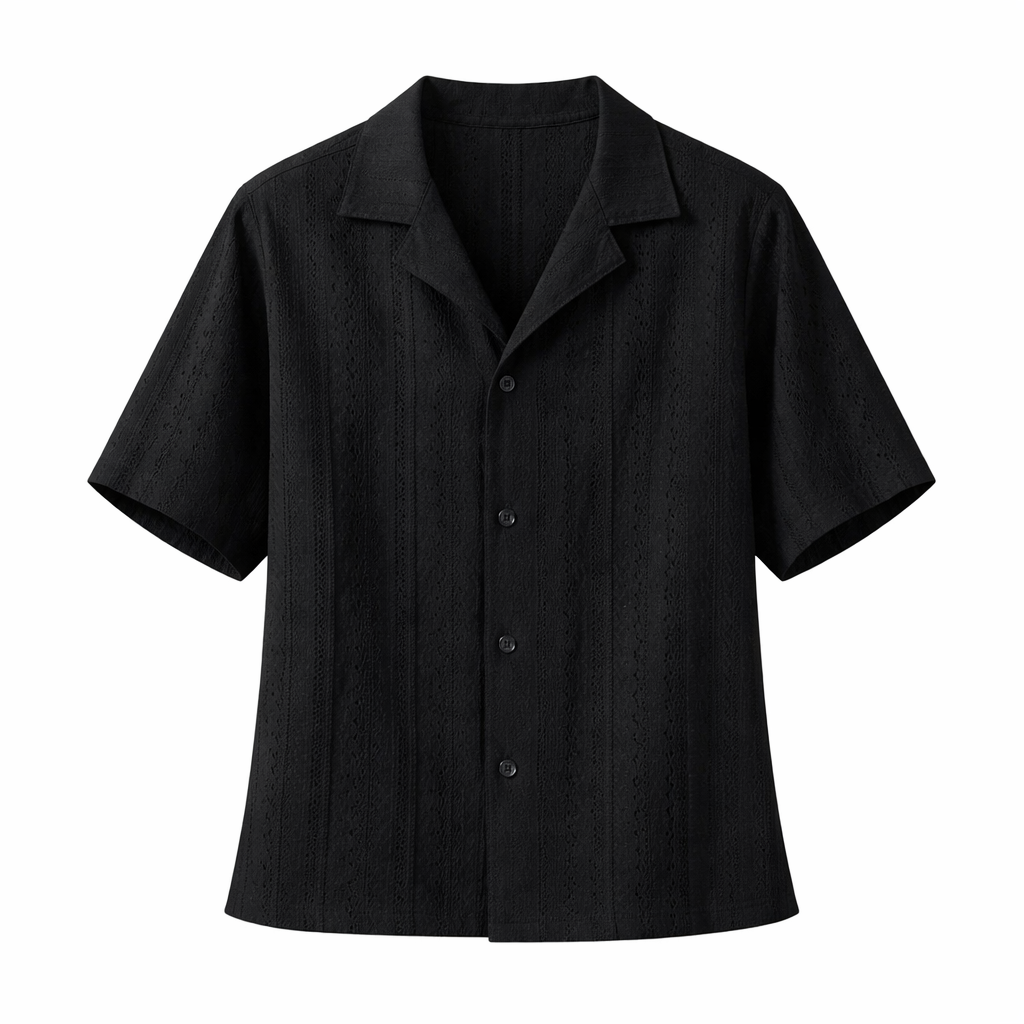 Stylish men's short sleeve textured summer top. Features a smart open collar and relaxed fit, a casual button-up shirt.