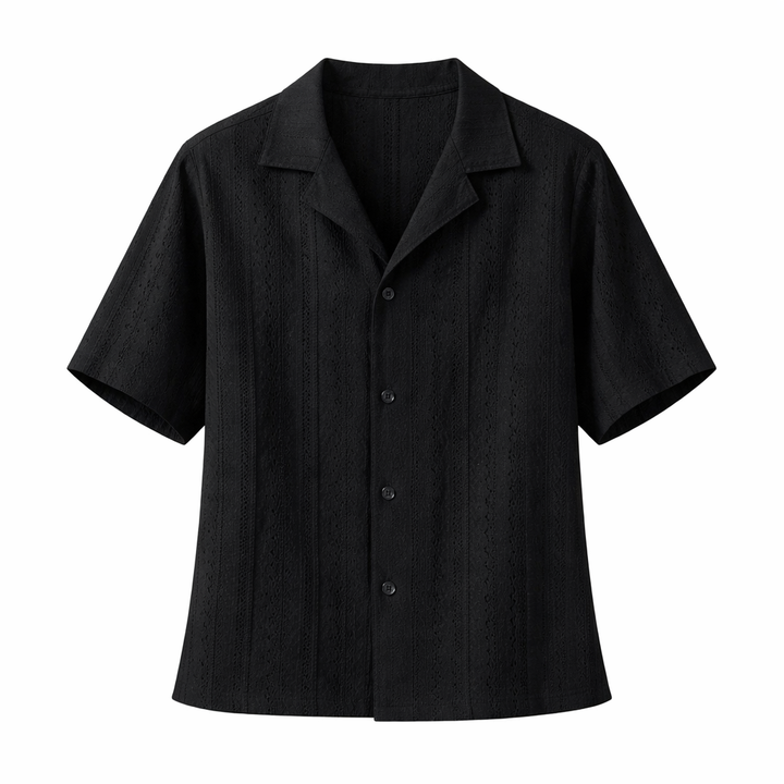 Stylish men's short sleeve textured summer top. Features a smart open collar and relaxed fit, a casual button-up shirt.