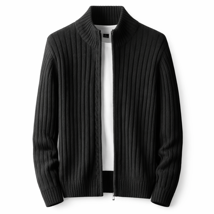Close-up of men's ribbed knit stand collar zip jacket, showcasing soft texture & quality knitwear.