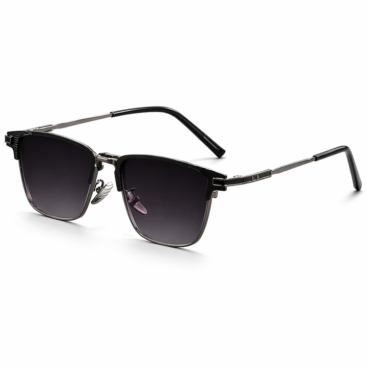 Trendy men's square frame sunglasses with metal trim & dark UV protective lenses. Modern eyewear.