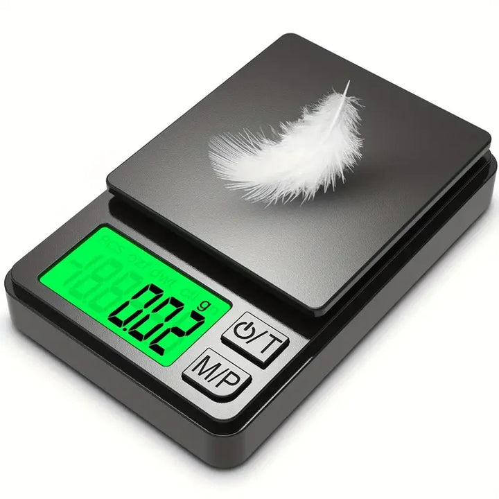 A compact, portable digital scale with a silver surface, ideal for travel and precise weighing.