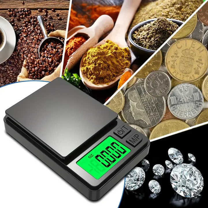 Close-up of a black precision digital scale, showing the LED display and buttons. Perfect for jewelry & kitchen.