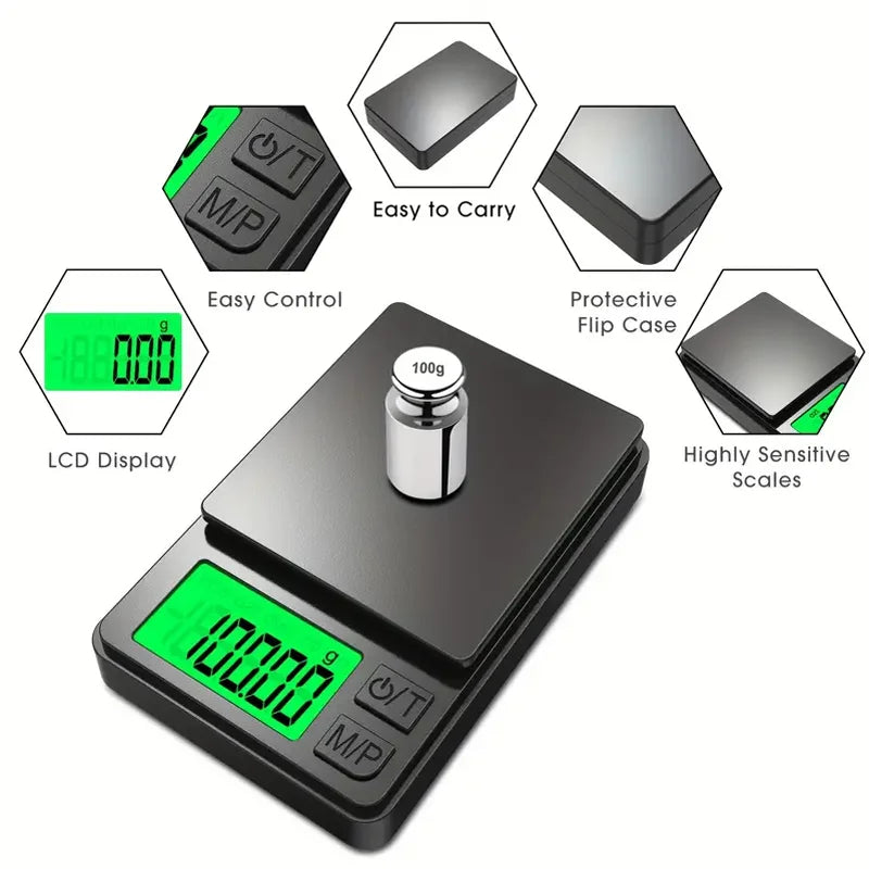 Digital precision scale, compact and black, perfect for kitchen, jewelry, or general portable weighing needs.