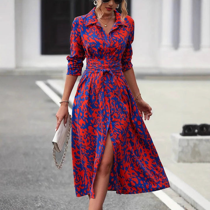 "A-Line Midi Dress with waist tie, button-down front, and classic fit, perfect for elegant and comfortable styling."