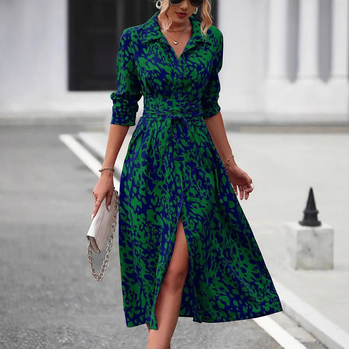 "A-Line Midi Dress with waist tie, button-down front, and classic fit, perfect for elegant and comfortable styling."