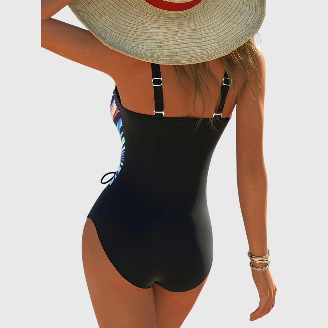 Flattering multi-color cross-front one-piece swimsuit for women. High elasticity swimwear, perfect for summer vacations.