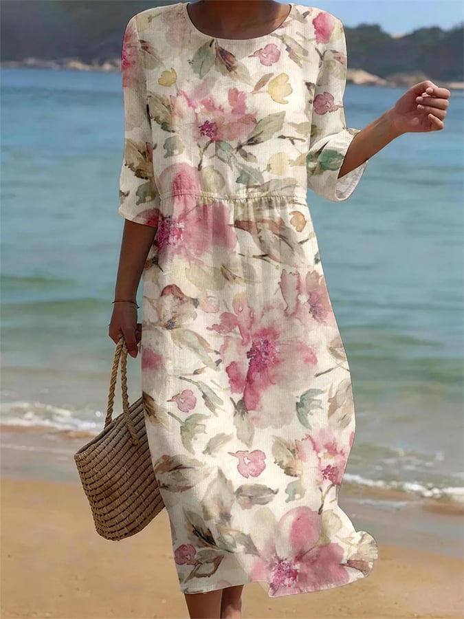 Elegant women's patterned midi dress for effortless style. Comfortable, flowy & chic for summer or casual wear.