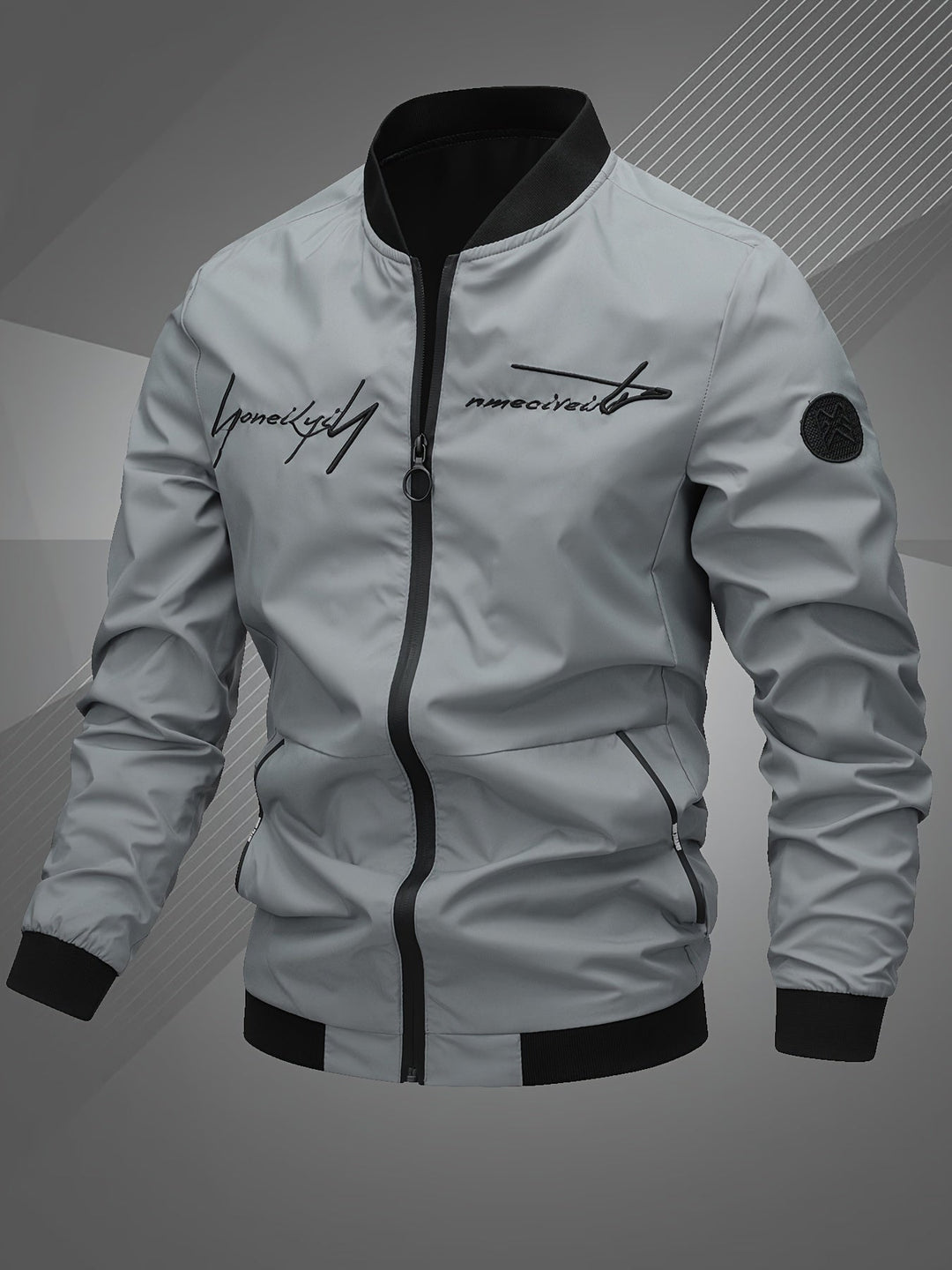 Man wearing a stylish men's bomber jacket with logo, ideal for a modern, comfortable look.