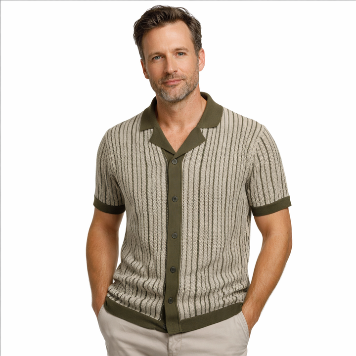 Men's vertical stripe short sleeve knit polo shirt, perfect for summer casual wear and modern style.
