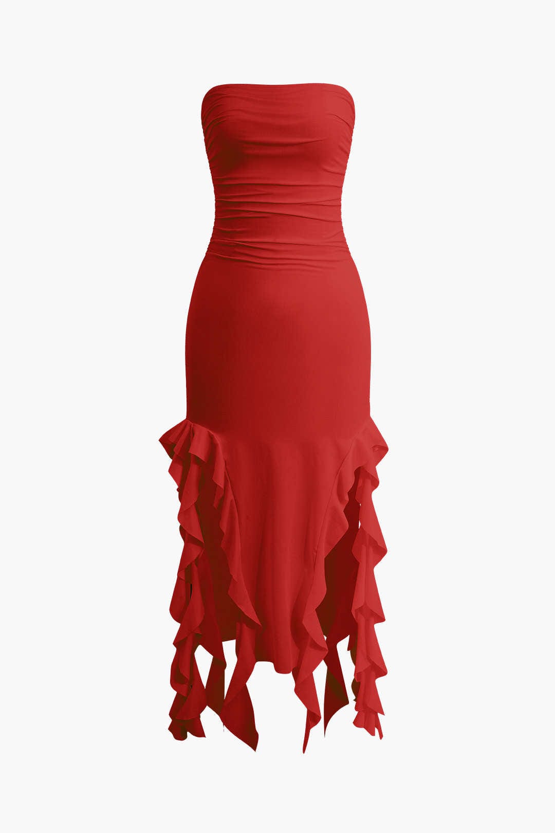 Glamorous strapless bodycon midi dress with a distinctive fringe hem for women's evening wear.